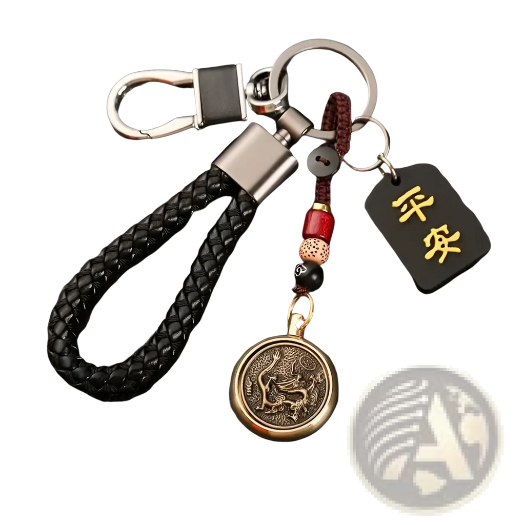 Black braided leather keychain with bronze dragon coin pendant red and black beads and gold chinese character tag