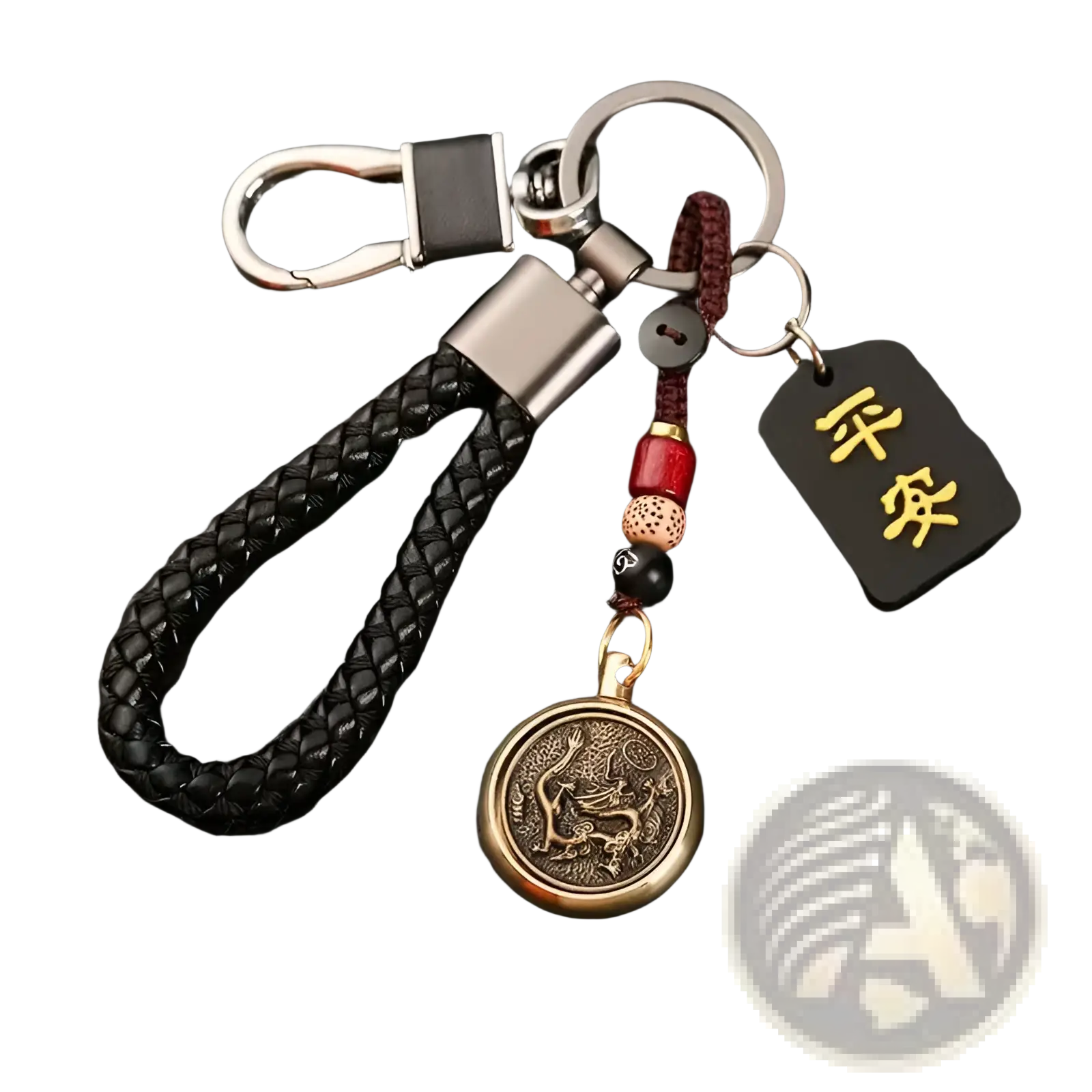 Black braided leather keychain with bronze dragon coin pendant red and black beads and gold chinese character tag