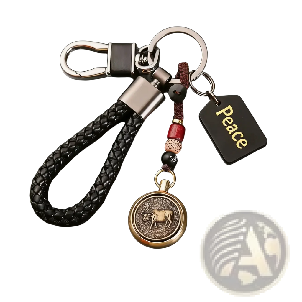 Chinese zodiac braided leather keychain with black braids, bronze cow medallion, red black beads, and peace tag