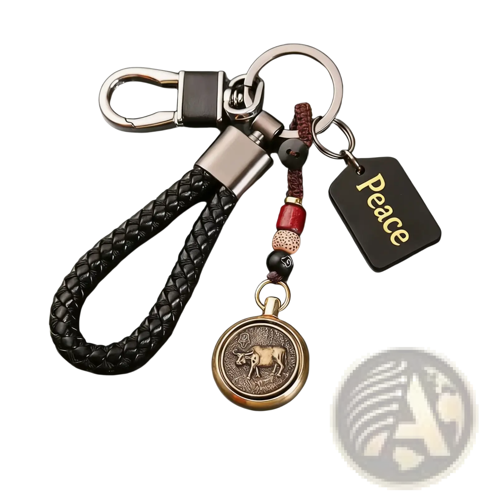 Chinese zodiac braided leather keychain with black braids, bronze cow medallion, red black beads, and peace tag