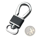 A sleek black leather wrapped chinese zodiac braided leather keychain with polished chrome carabiner and swivel ring