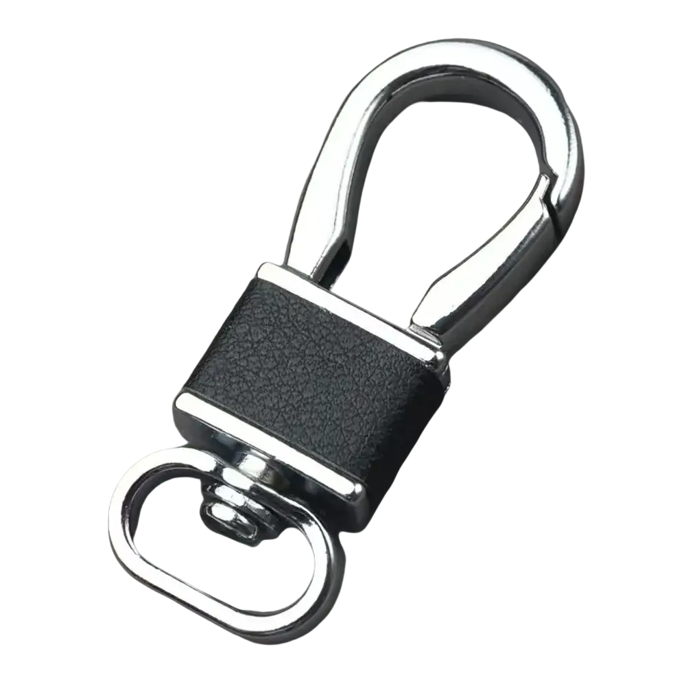 A sleek black leather wrapped chinese zodiac braided leather keychain with polished chrome carabiner and swivel ring