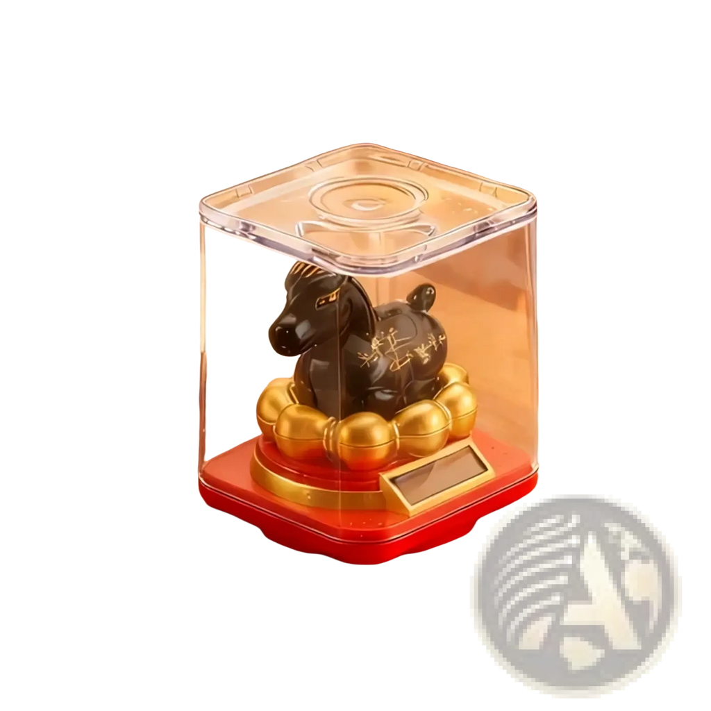 Black ceramic Chinese zodiac horse figurine with gold accents displayed in a clear plastic cube on a red base