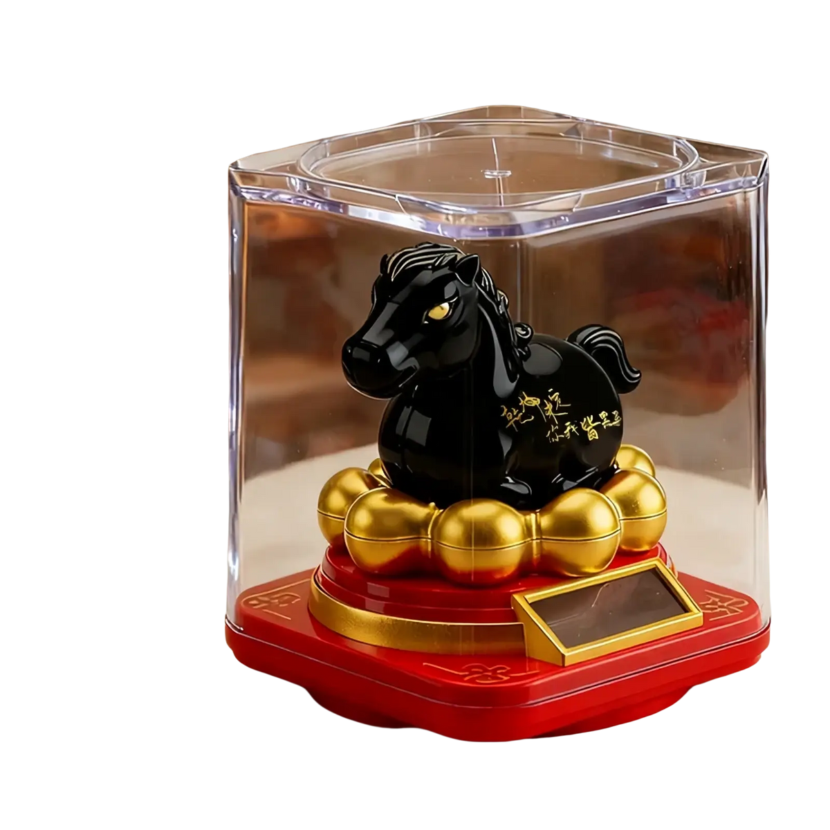 Black ceramic Chinese zodiac horse figurine with gold accents and characters in a clear acrylic case on red base