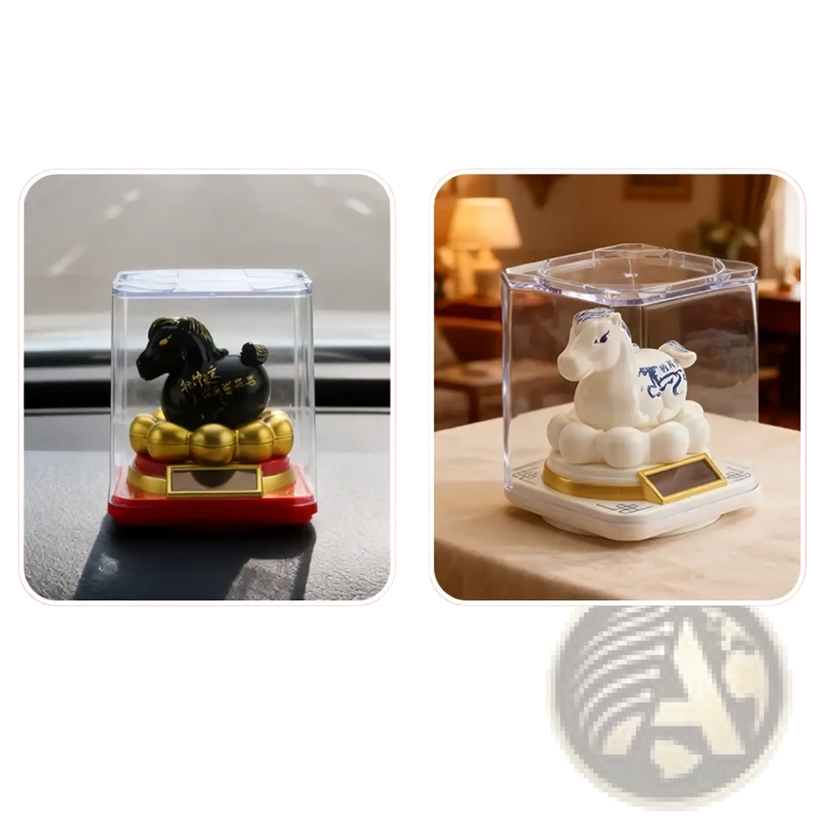 Black and white ceramic Chinese zodiac horse figurines in clear plastic display boxes with gold accents for solar lucky pony decor