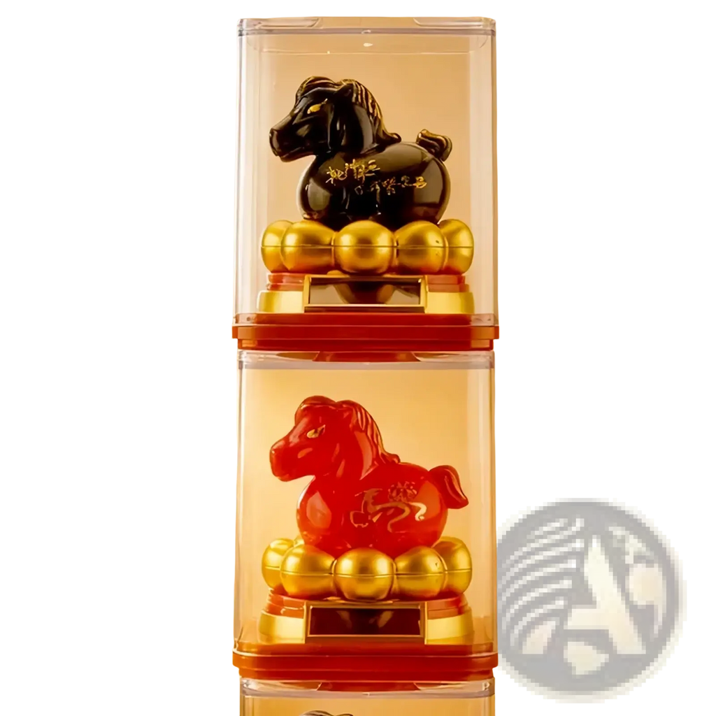 Glossy black and red ceramic Chinese zodiac horse figurine with gold lettering seated on golden spheres in acrylic case