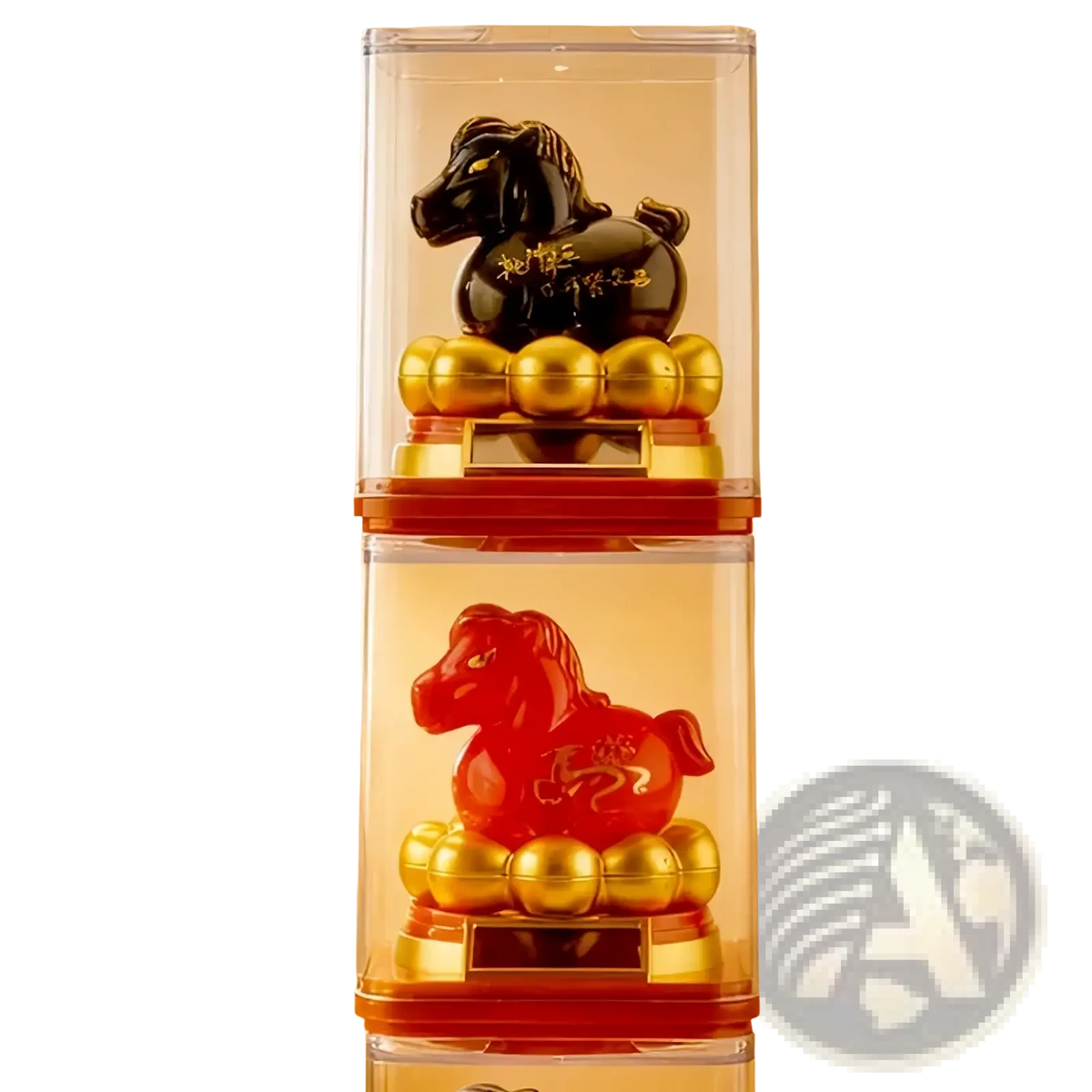 Glossy black and red ceramic Chinese zodiac horse figurine with gold lettering seated on golden spheres in acrylic case
