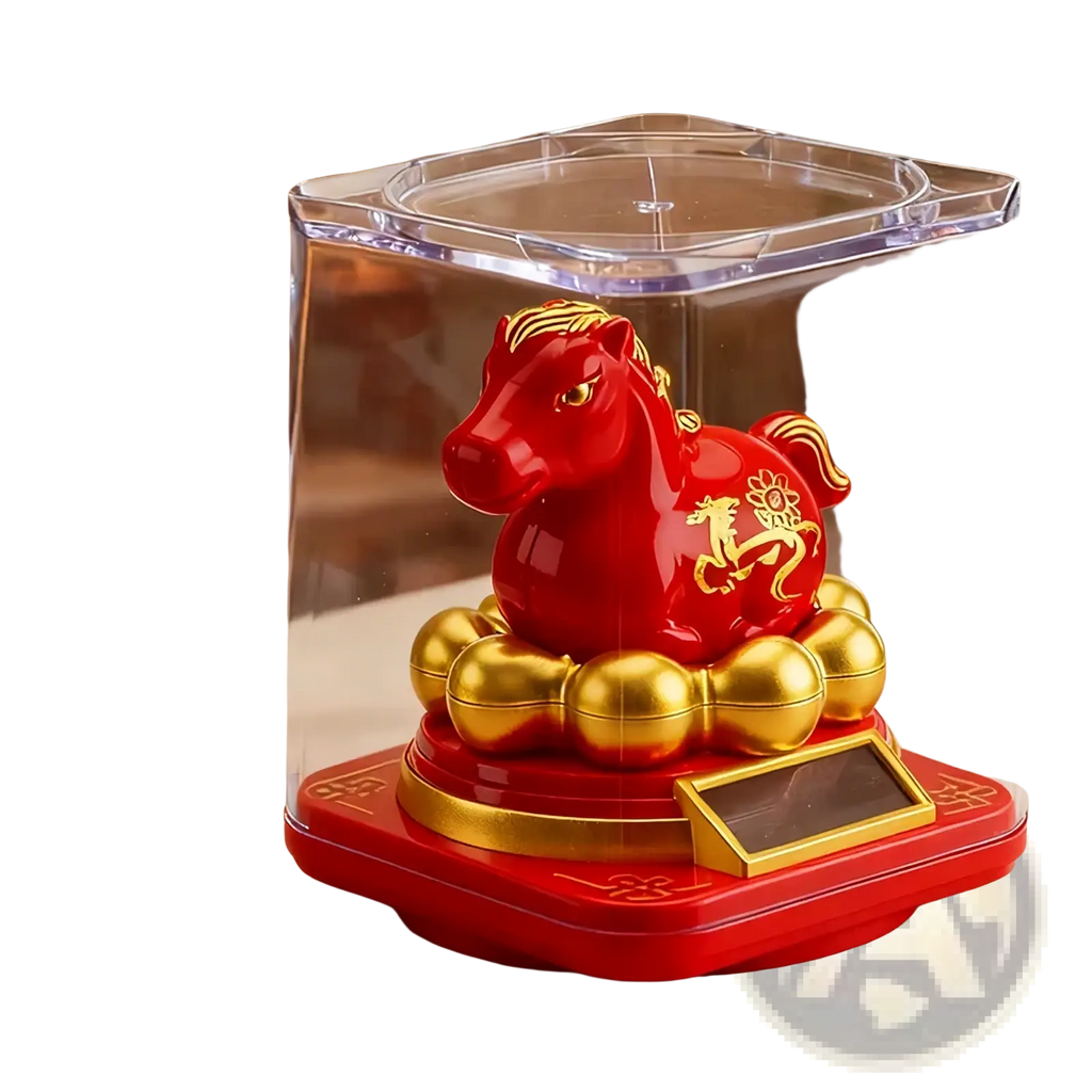 Red ceramic Chinese zodiac horse figurine with gold accents and decorative golden balls in clear acrylic case