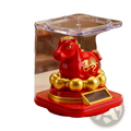 Red ceramic Chinese zodiac horse figurine with gold accents and decorative golden balls in clear acrylic case