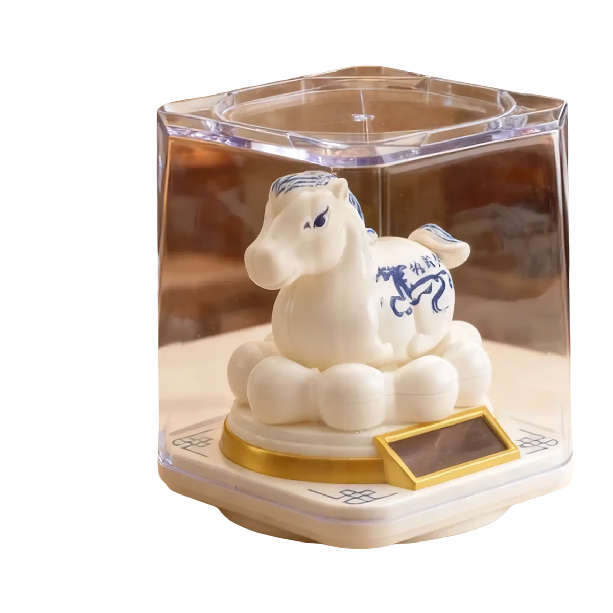 White ceramic chinese zodiac horse figurine with blue dragon and cloud motifs in clear acrylic display case