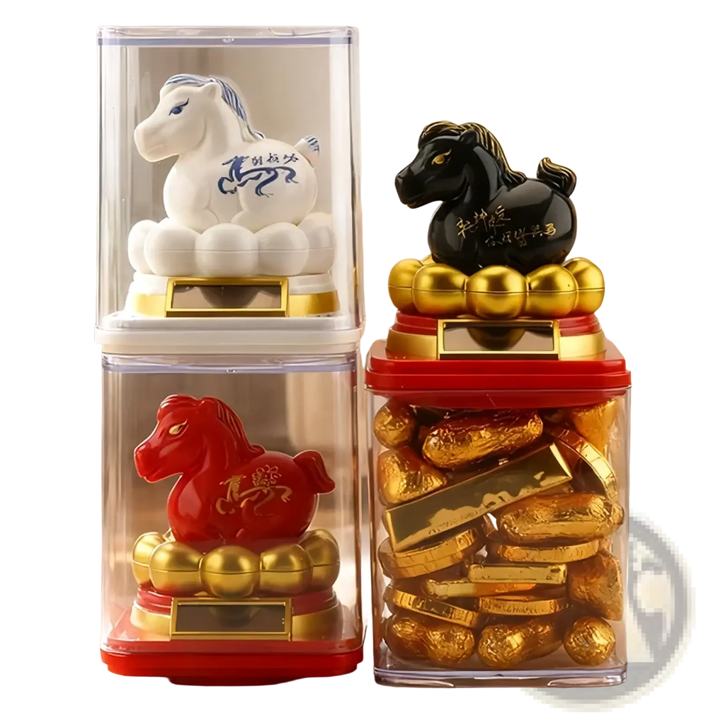 Chinese zodiac horse figurine white ceramic with blue dragon design on cloud base in clear plastic container