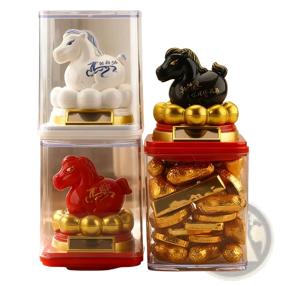 Chinese zodiac horse figurine white ceramic with blue dragon design on cloud base in clear plastic container