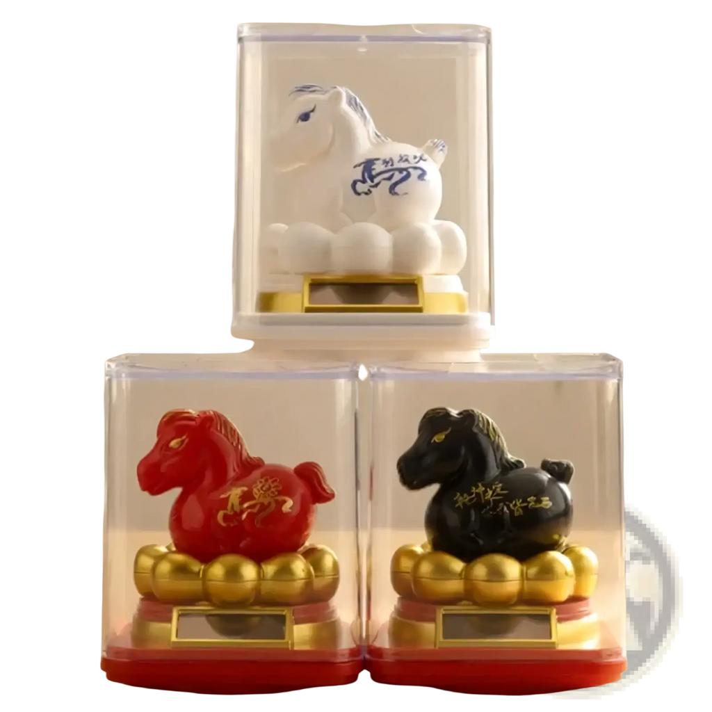 White ceramic chinese zodiac horse figurine with blue dragon design and gold accents in a clear protective case