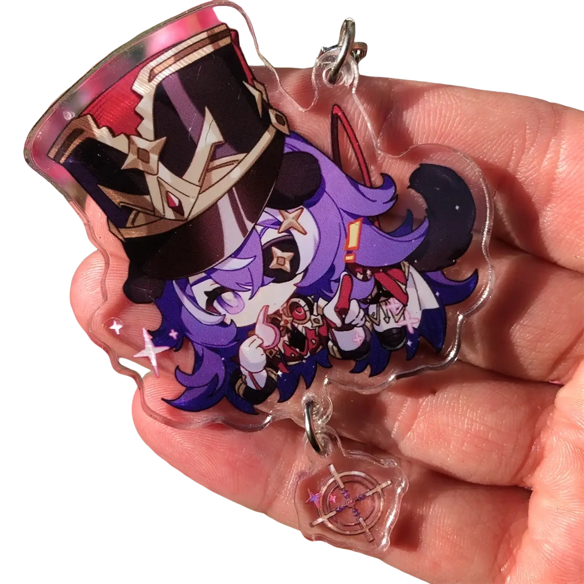 Clear acrylic chiori keychain featuring a chibi character with purple hair and black top hat holding a red and white weapon