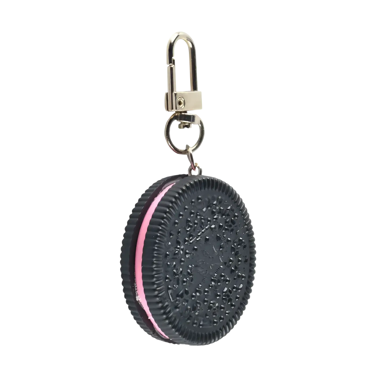 Chocolate biscuit cartoon key chain bag pendant in black and pink with textured oreo-style cookie design