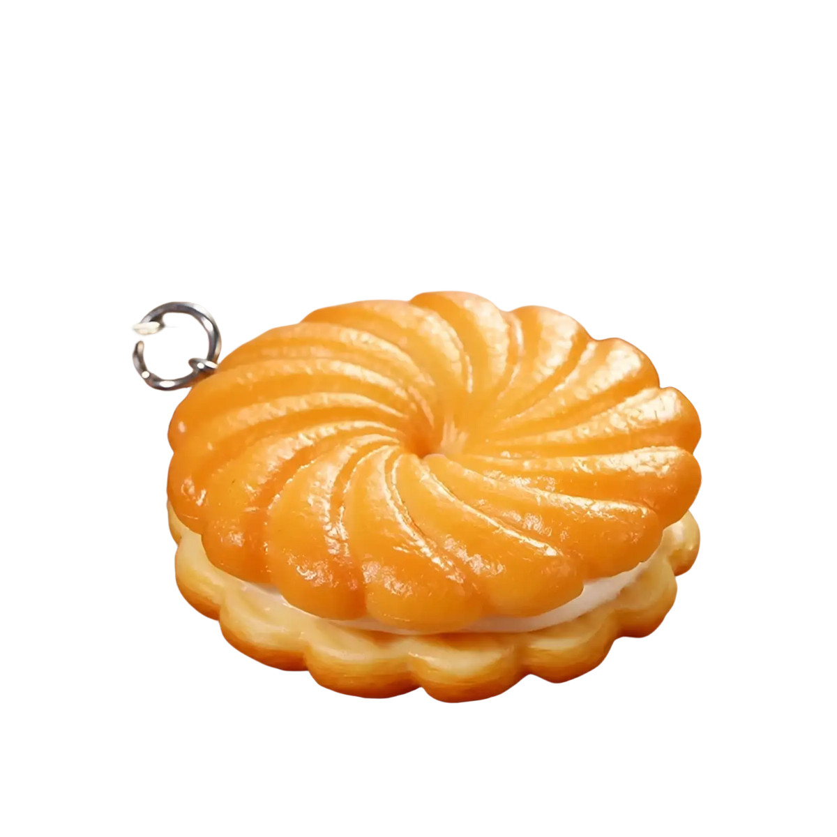 Orange glossy resin keychain shaped like a miniature chocolate biscuit with spiral layers and white filling pendant