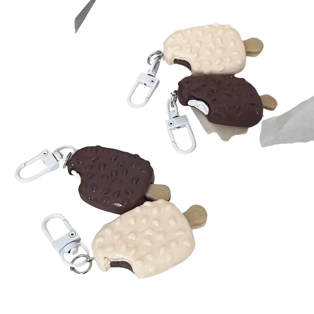 Chocolate biscuit cartoon key chain bag pendant with chocolate and vanilla ice cream popsicle design and wooden sticks
