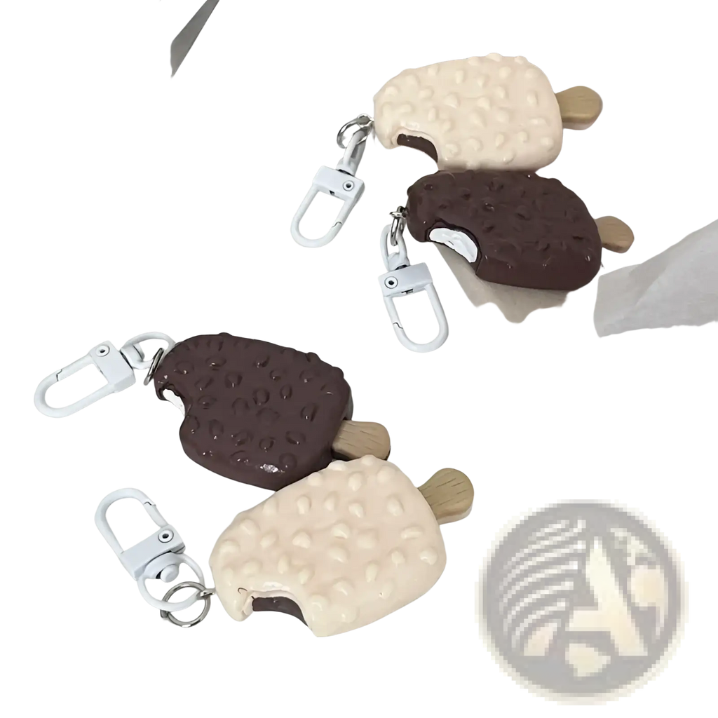 Chocolate biscuit cartoon key chain bag pendant with chocolate and vanilla ice cream popsicle design and wooden sticks