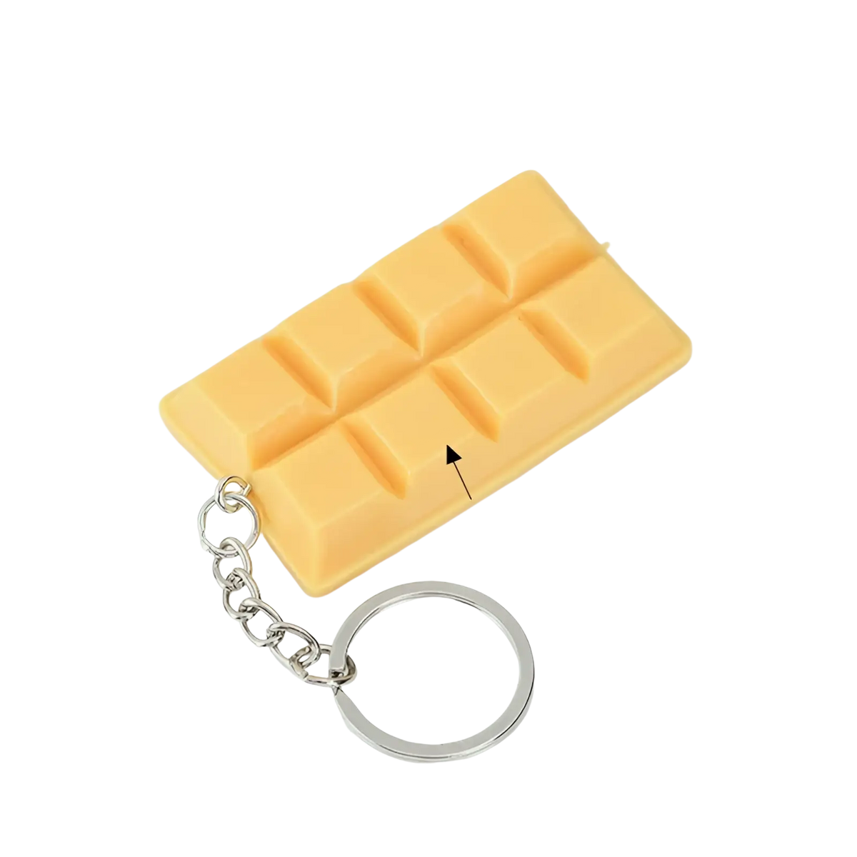 Yellow chocolate bar-shaped keychain made of plastic with a silver metal ring and chain for bag pendant use