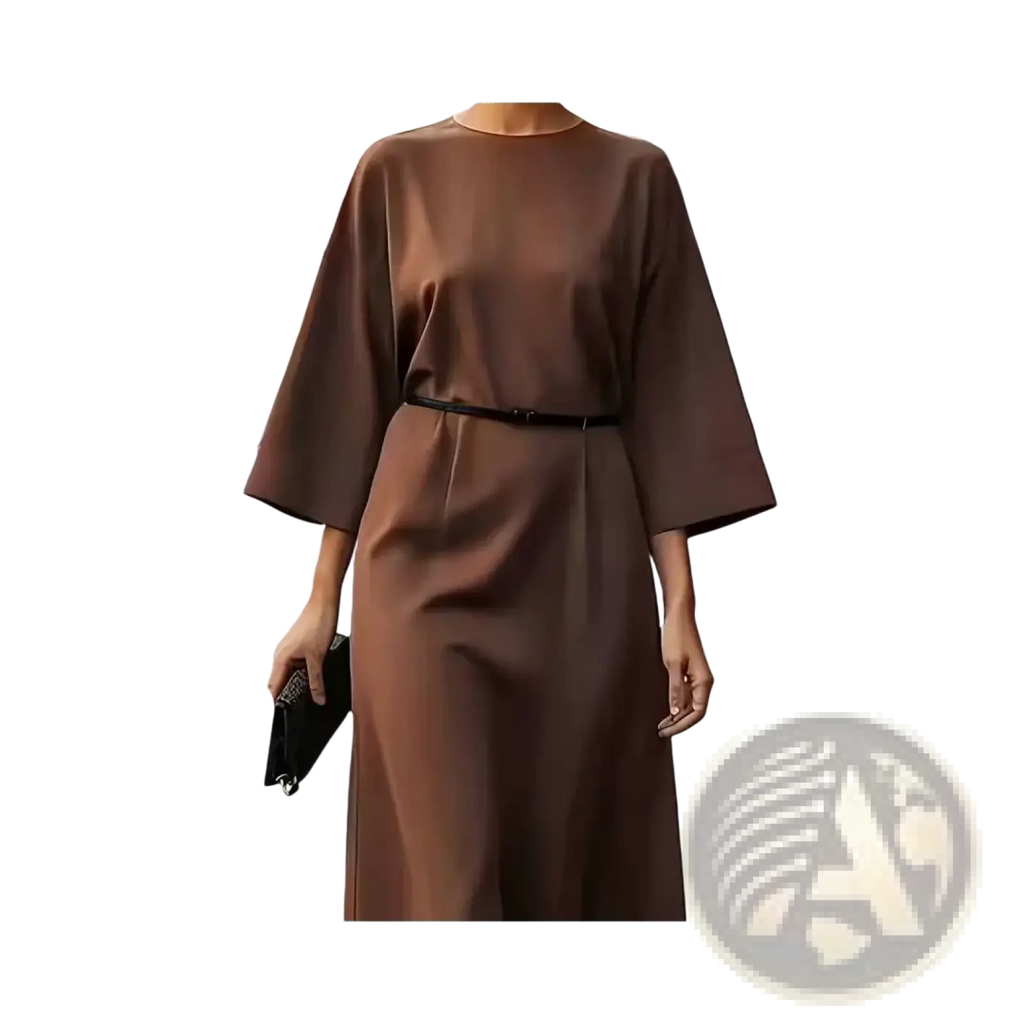 A sleek chocolate brown satin midi dress with wide three quarter sleeves and a slim black belt at the waist
