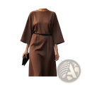 A sleek chocolate brown satin midi dress with wide three quarter sleeves and a slim black belt at the waist