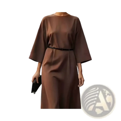 A sleek chocolate brown satin midi dress with wide three quarter sleeves and a slim black belt at the waist