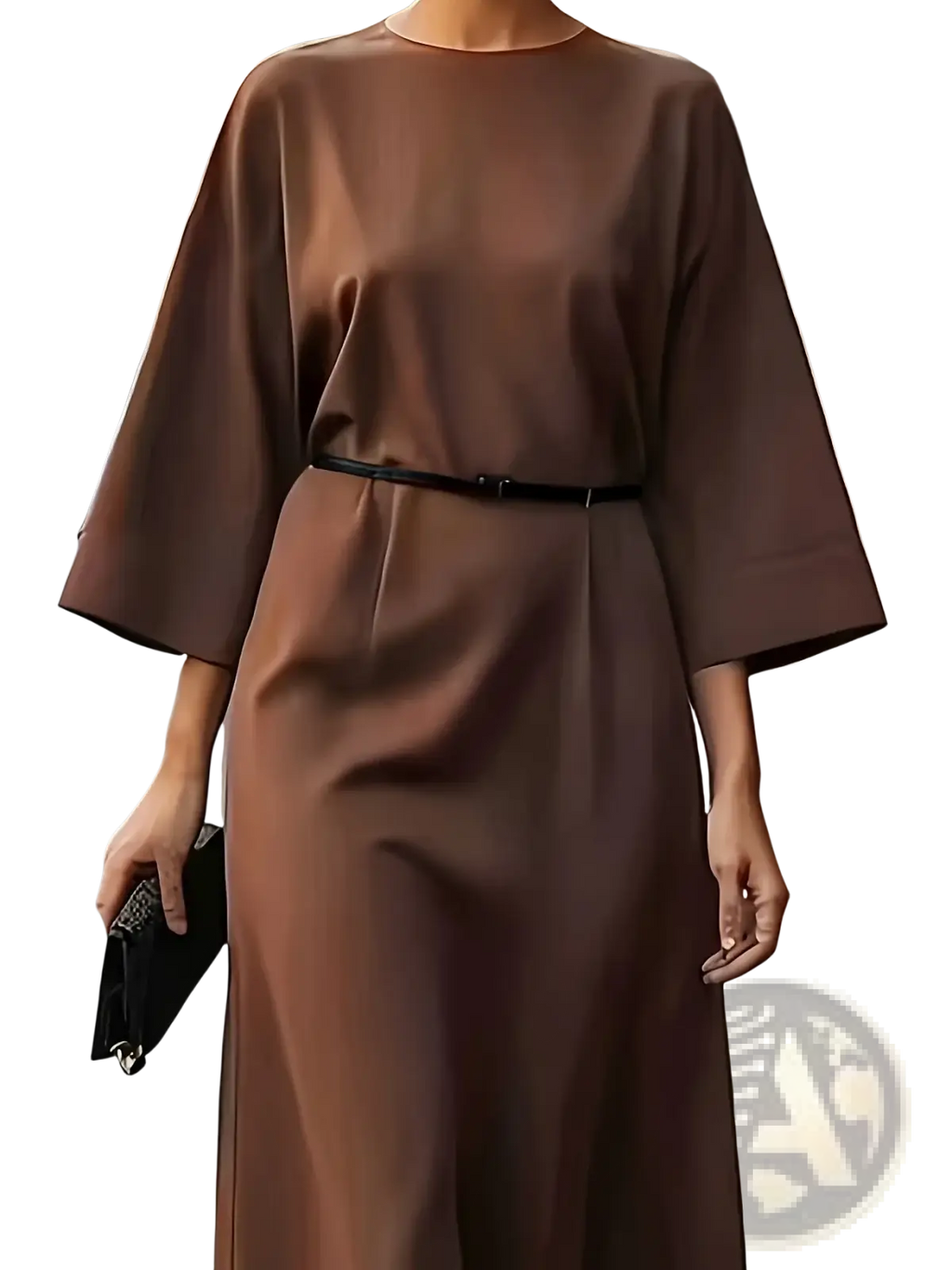 A sleek chocolate brown satin midi dress with a relaxed fit wide sleeves and a belt
