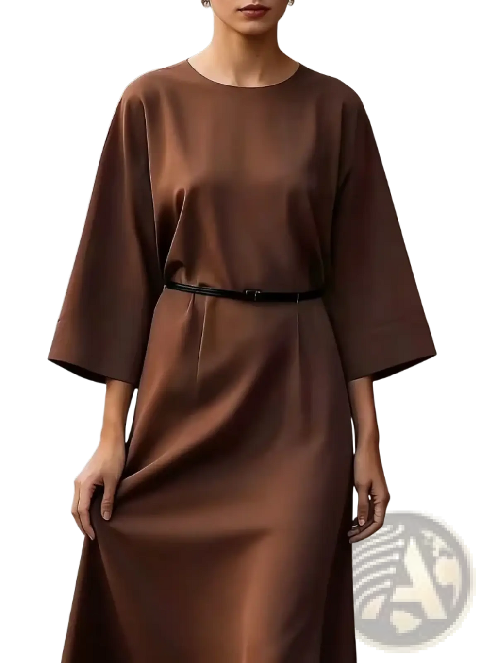 A sleek chocolate brown satin midi dress with a round neckline, three-quarter sleeves, and a slim black belt