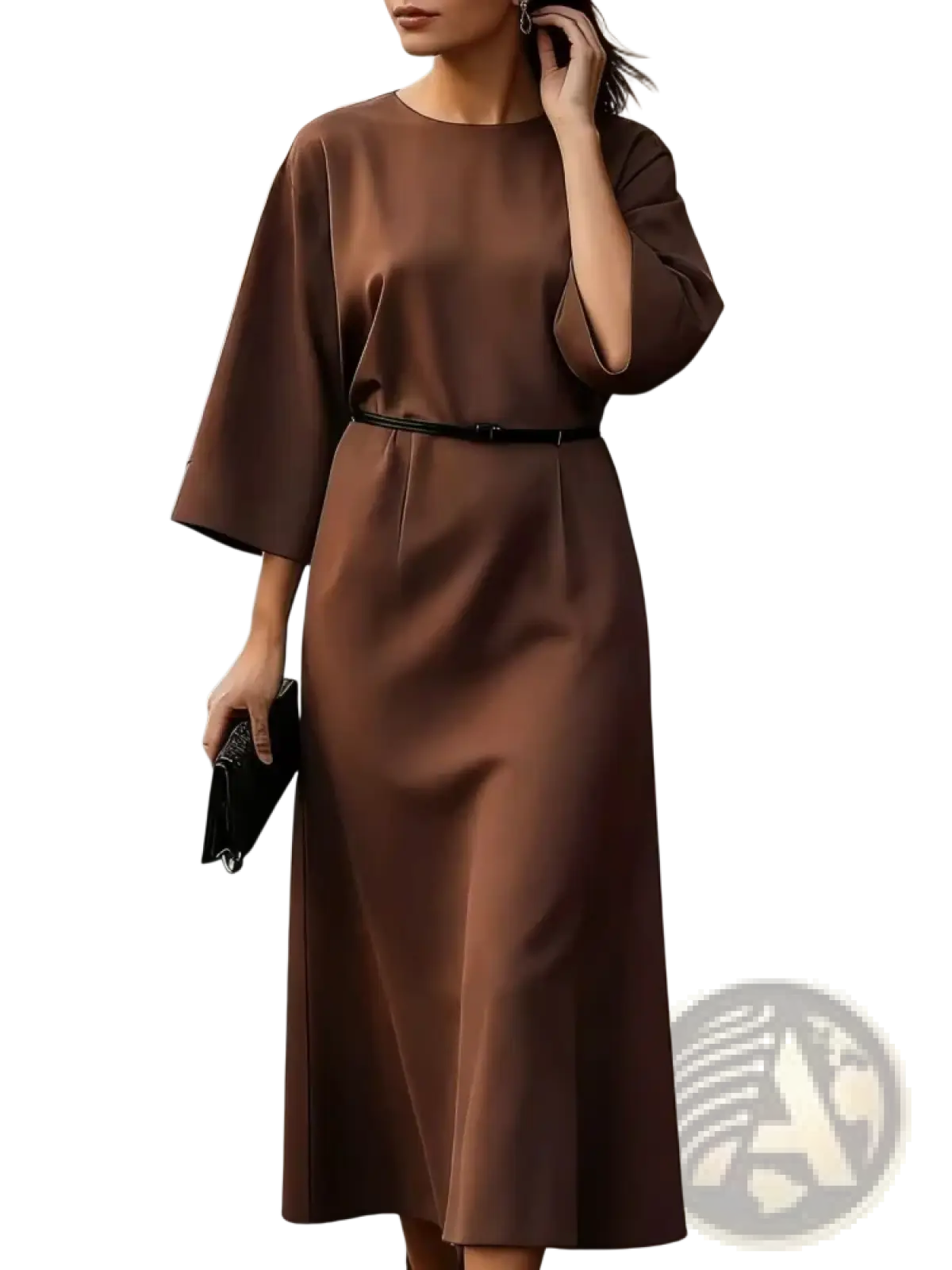 A chocolate brown satin midi dress with three quarter sleeves and a black waist belt for elegant occasions