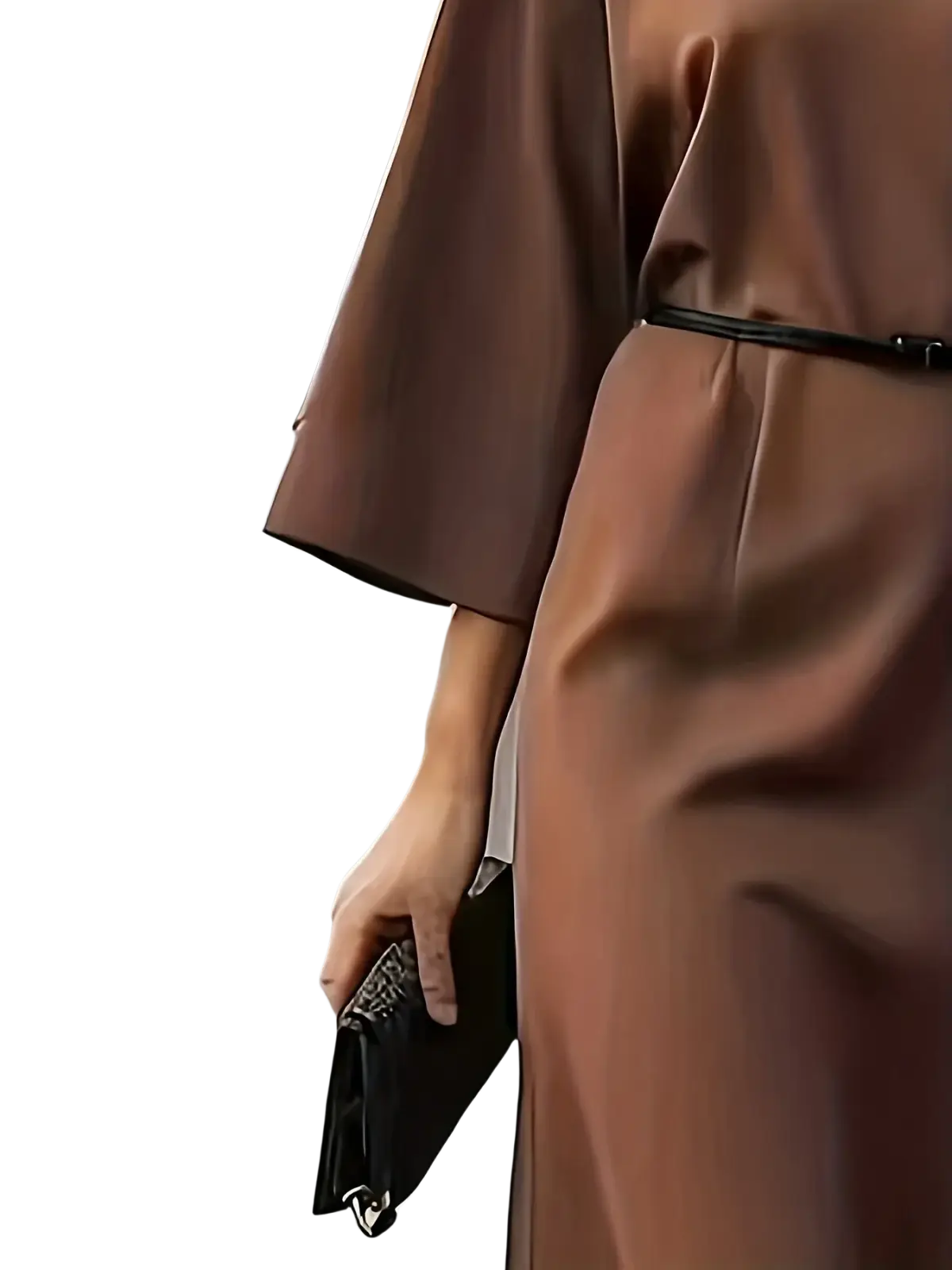 A sleek black clutch with textured patterned flap and metallic hardware paired with chocolate brown satin midi dress