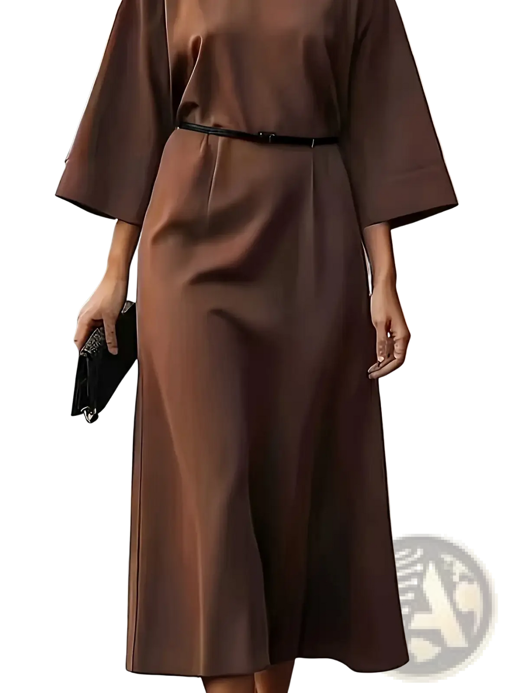 A sleek chocolate brown midi dress with satin finish wide bell sleeves and matching belt