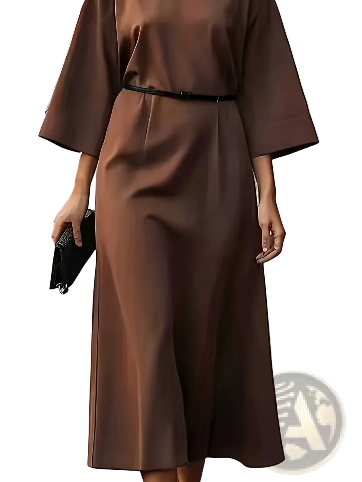 A sleek chocolate brown midi dress with satin finish wide bell sleeves and matching belt