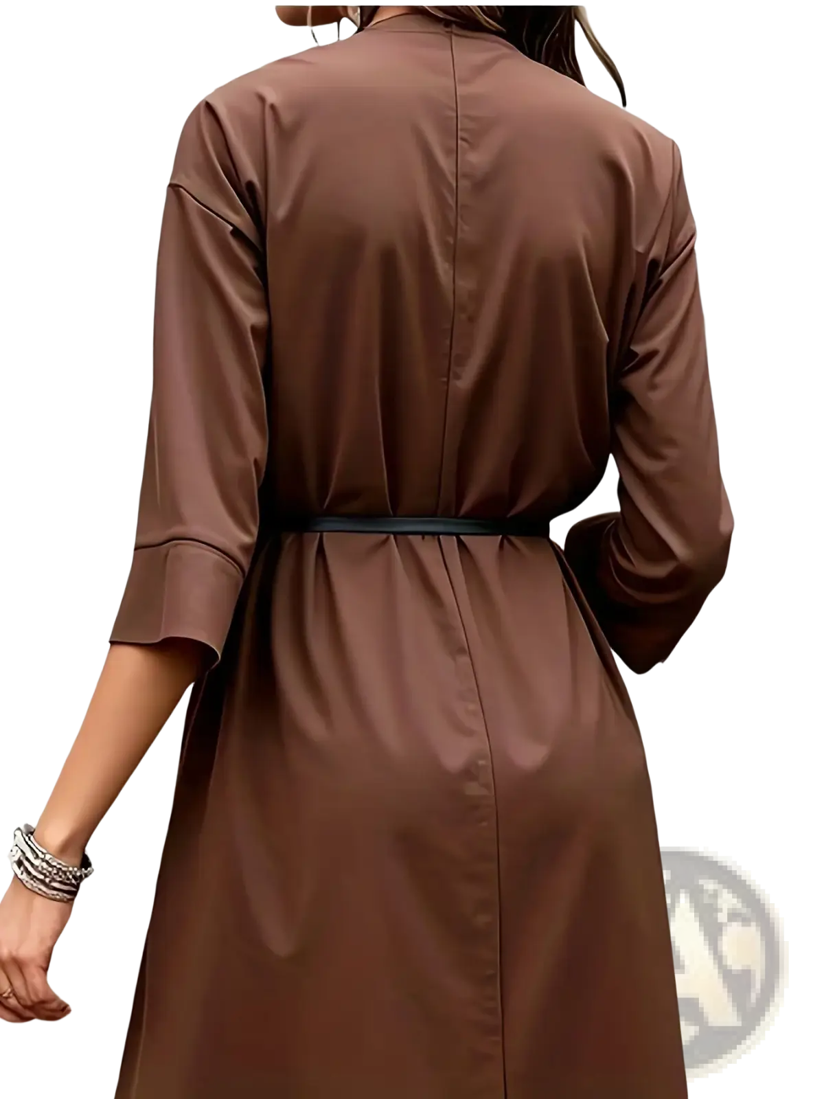 A chocolate brown satin midi shirtdress with three quarter sleeves and a black belt at the waist