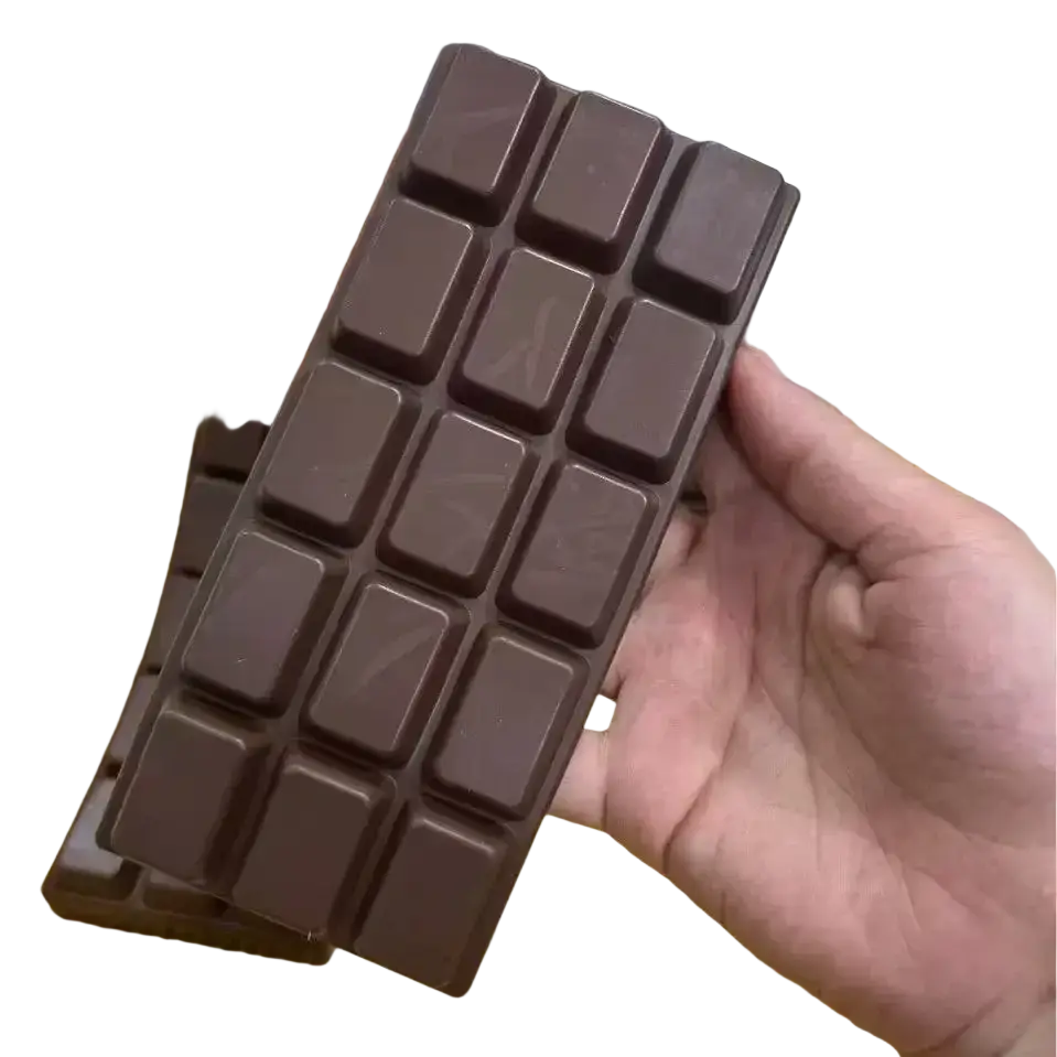 A dark chocolate bar squeeze toy with glossy segments designed for stress relief and hand squeezing