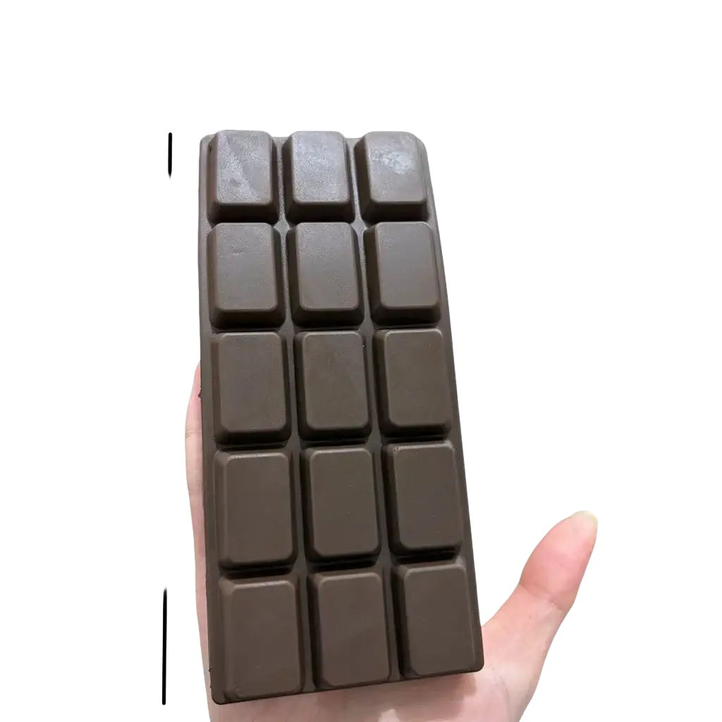 A dark brown rectangular chocolate squeeze toy with segmented design for stress relief and hand use