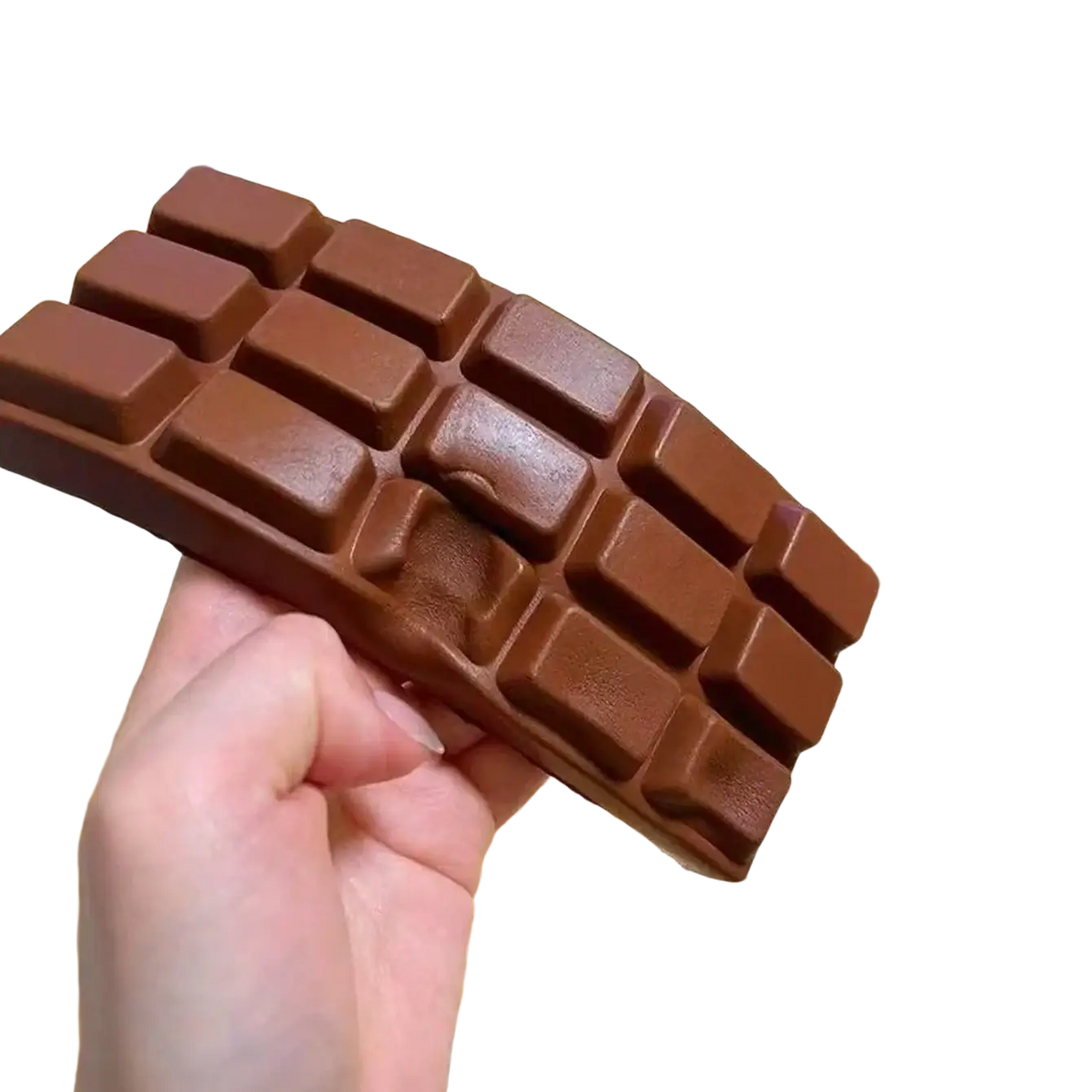 A smooth glossy dark brown chocolate bar squeeze toy designed for stress relief and hand exercise