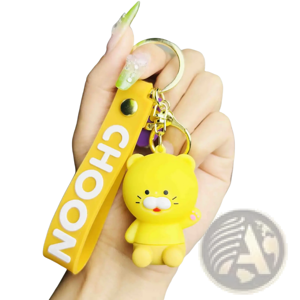 Yellow plush cat silicone scooter keychain with matching yellow wrist strap featuring chooon lettering Korean viral gift