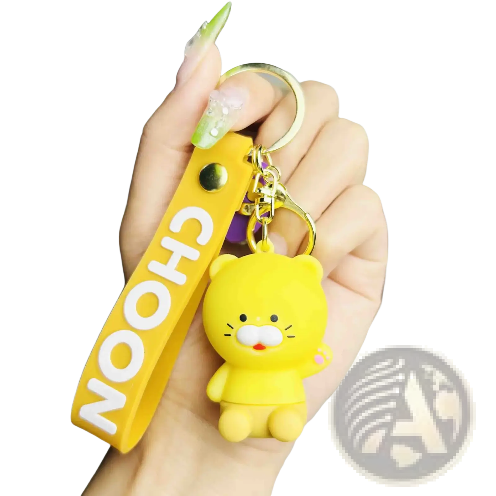 Yellow plush cat silicone scooter keychain with matching yellow wrist strap featuring chooon lettering Korean viral gift
