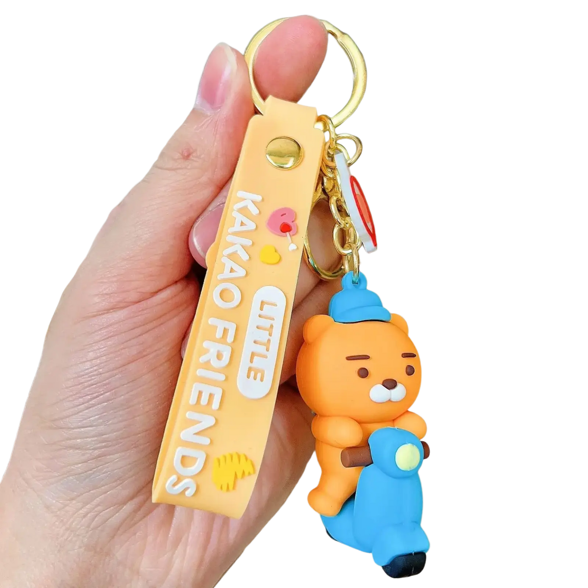 Orange silicone Choonsik bear-shaped scooter keychain with blue design yellow kakao friends strap and gold metal ring