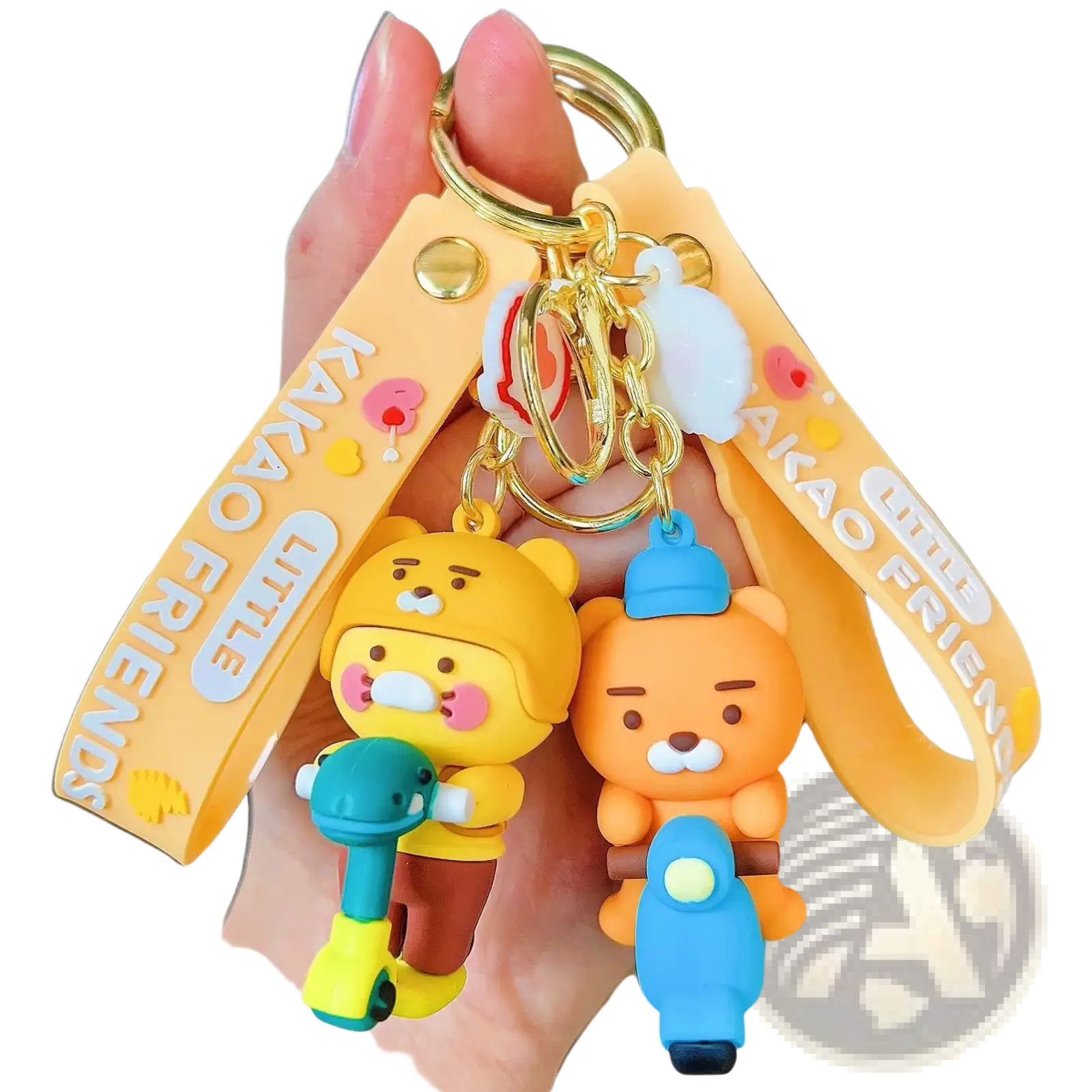Yellow and orange silicone choonsik scooter keychain with kakao friends characters and gold metal ring wrist strap