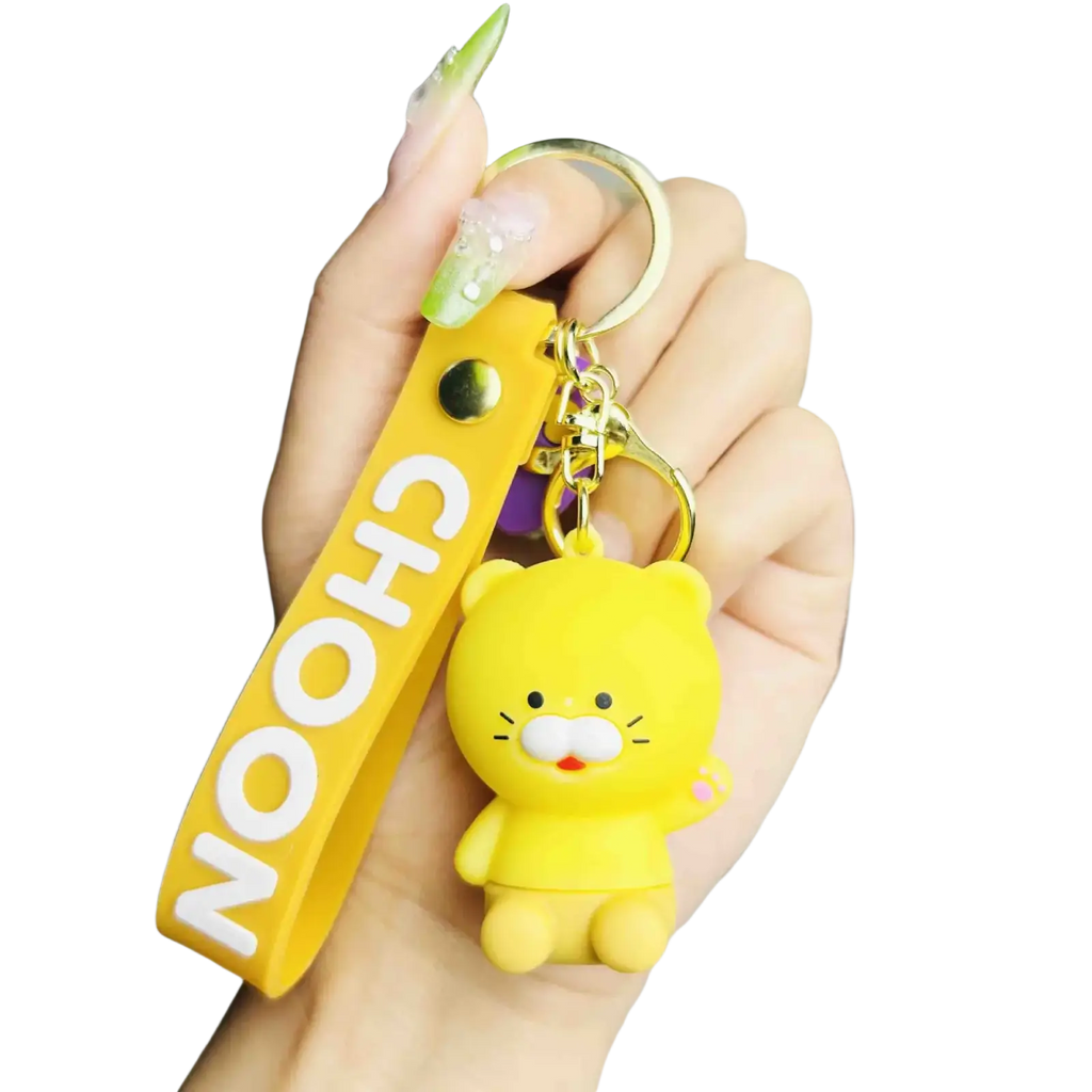 Yellow plush cat silicone scooter keychain with matching yellow wrist strap featuring chooon lettering Korean viral gift