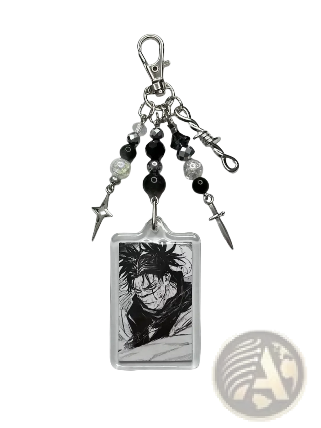 Clear acrylic choso y2k anime keychain with black and white spiky hair character and silver metal bead spike dagger charms