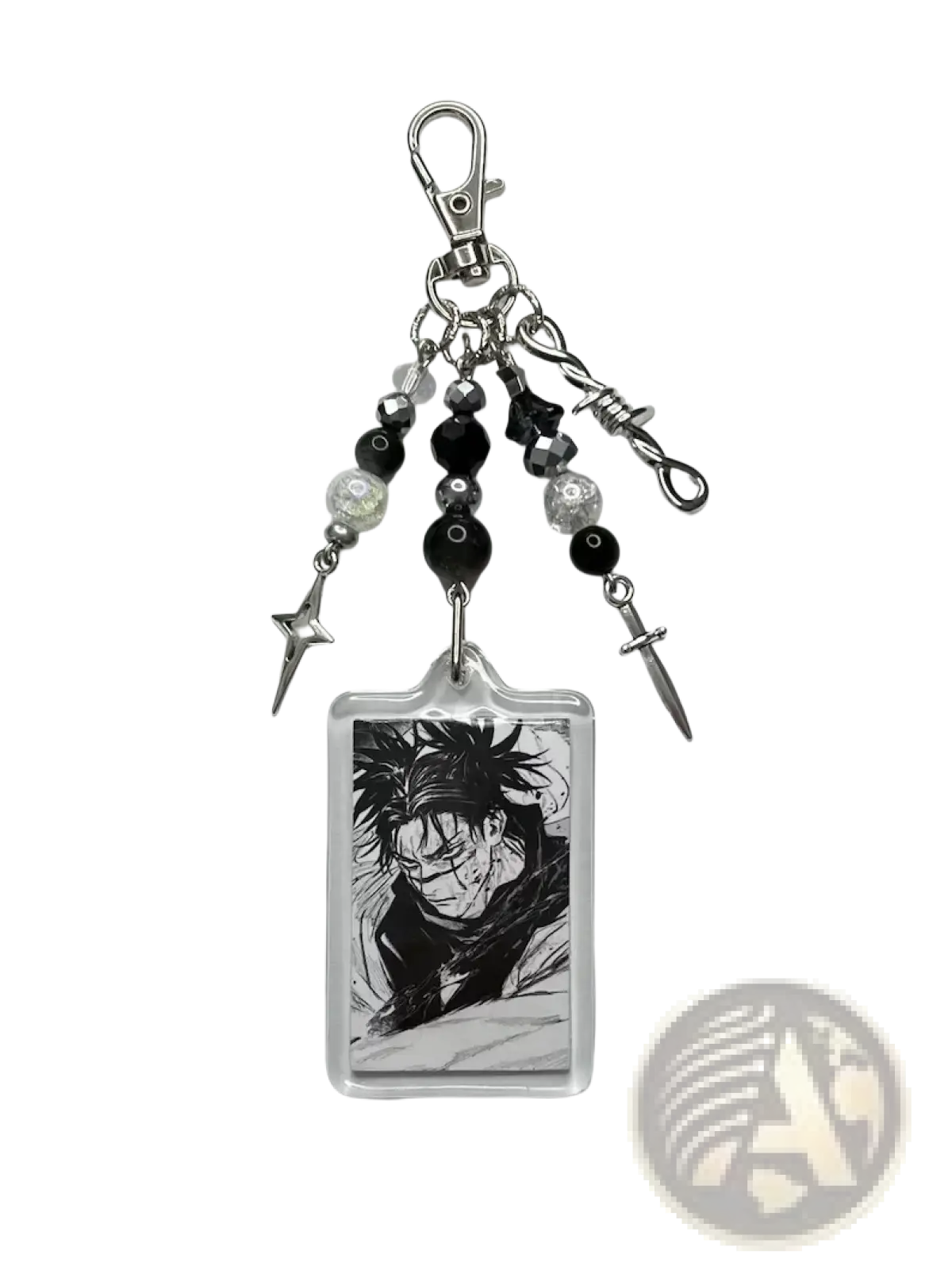 Clear acrylic choso y2k anime keychain with black and white spiky hair character and silver metal bead spike dagger charms