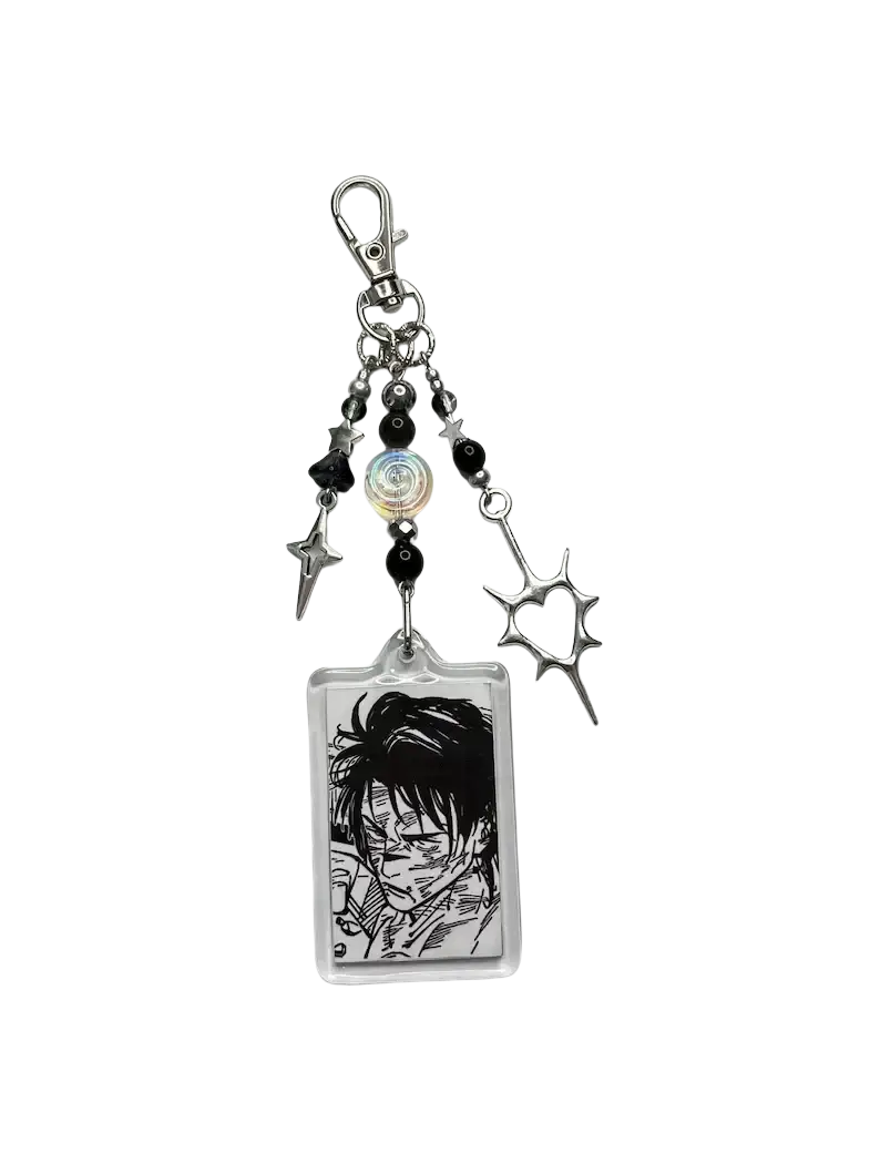 Clear acrylic choso y2k anime keychain featuring black and white character portrait with silver charms and black beads