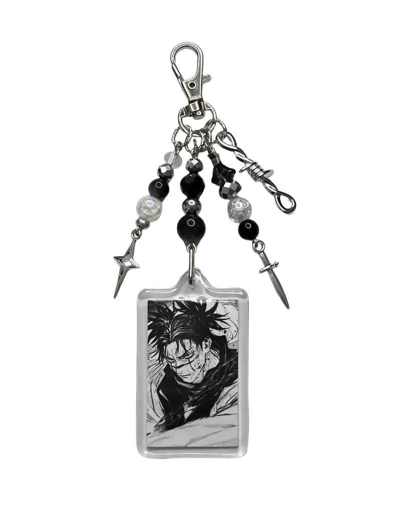 Clear acrylic choso y2k anime keychain with black and white spiky hair character and silver metal bead spike dagger charms