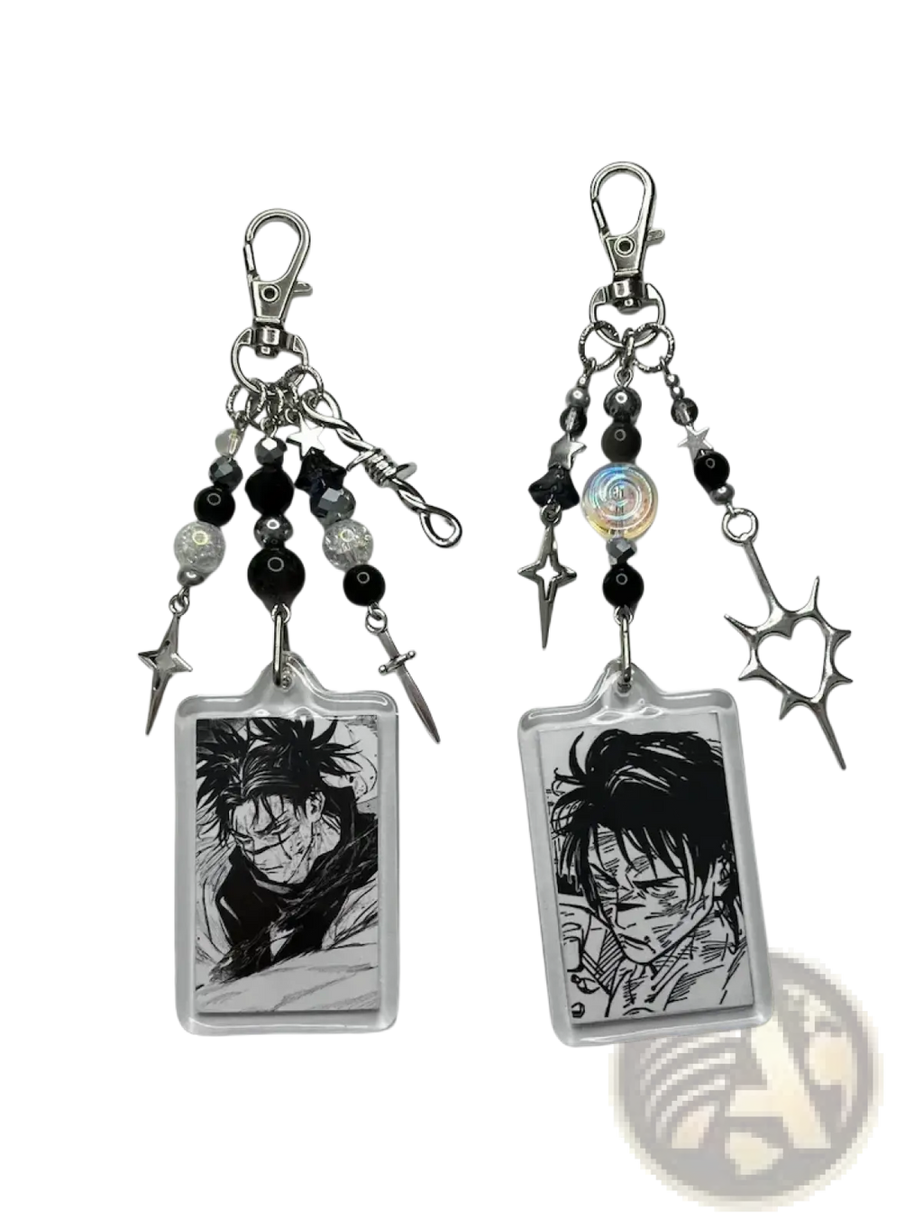 Two black and white choso y2k anime beaded acrylic keychains with clear frames silver metal charms and beads