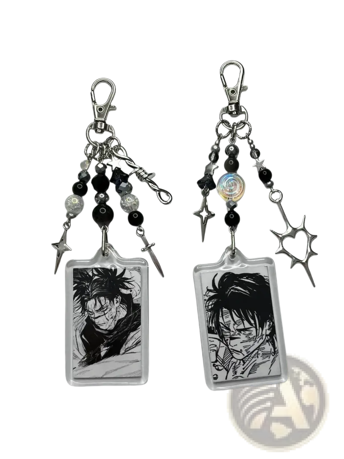 Two black and white choso y2k anime beaded acrylic keychains with clear frames silver metal charms and beads