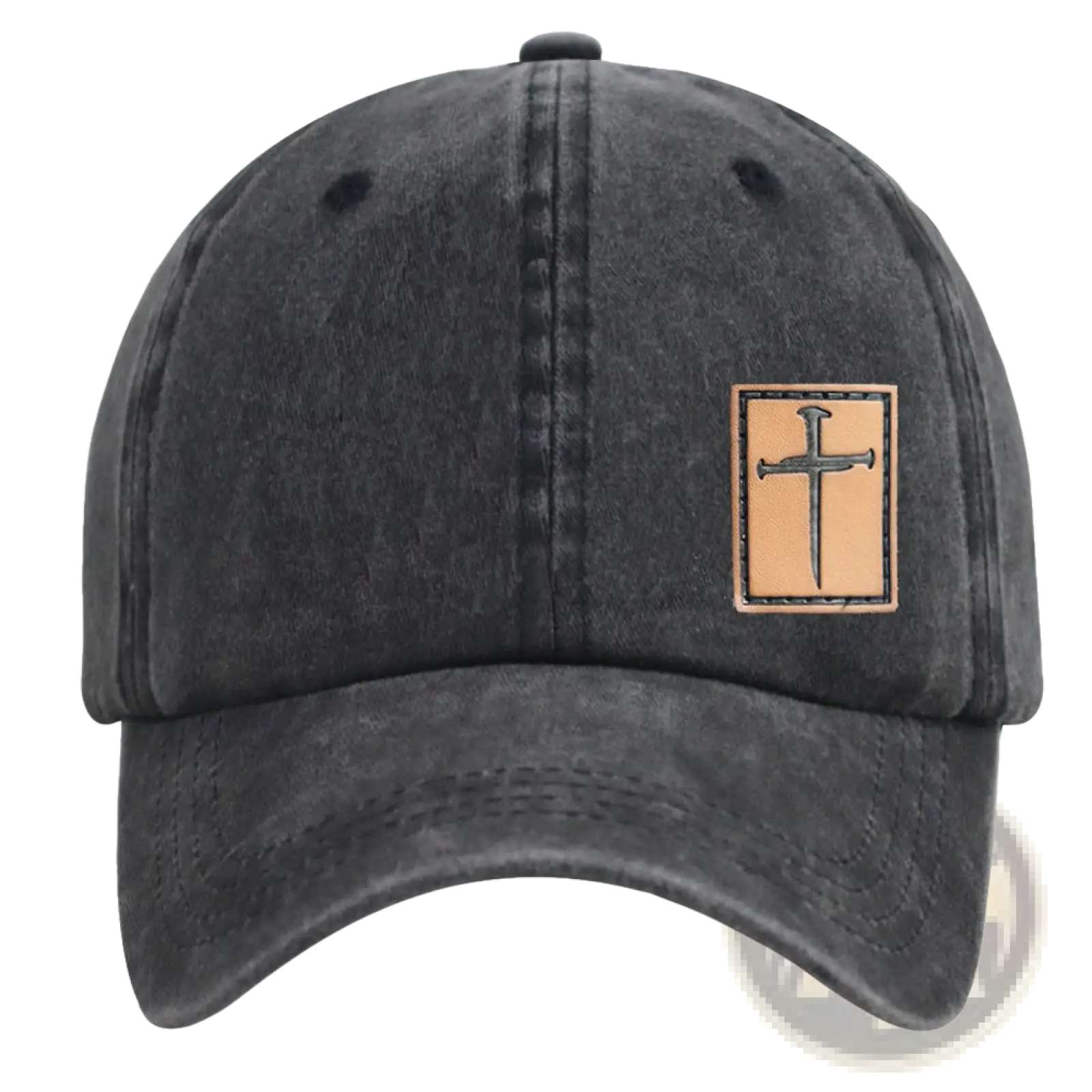 Dark gray distressed denim baseball hat with tan leather patch embroidered with a Christian cross design