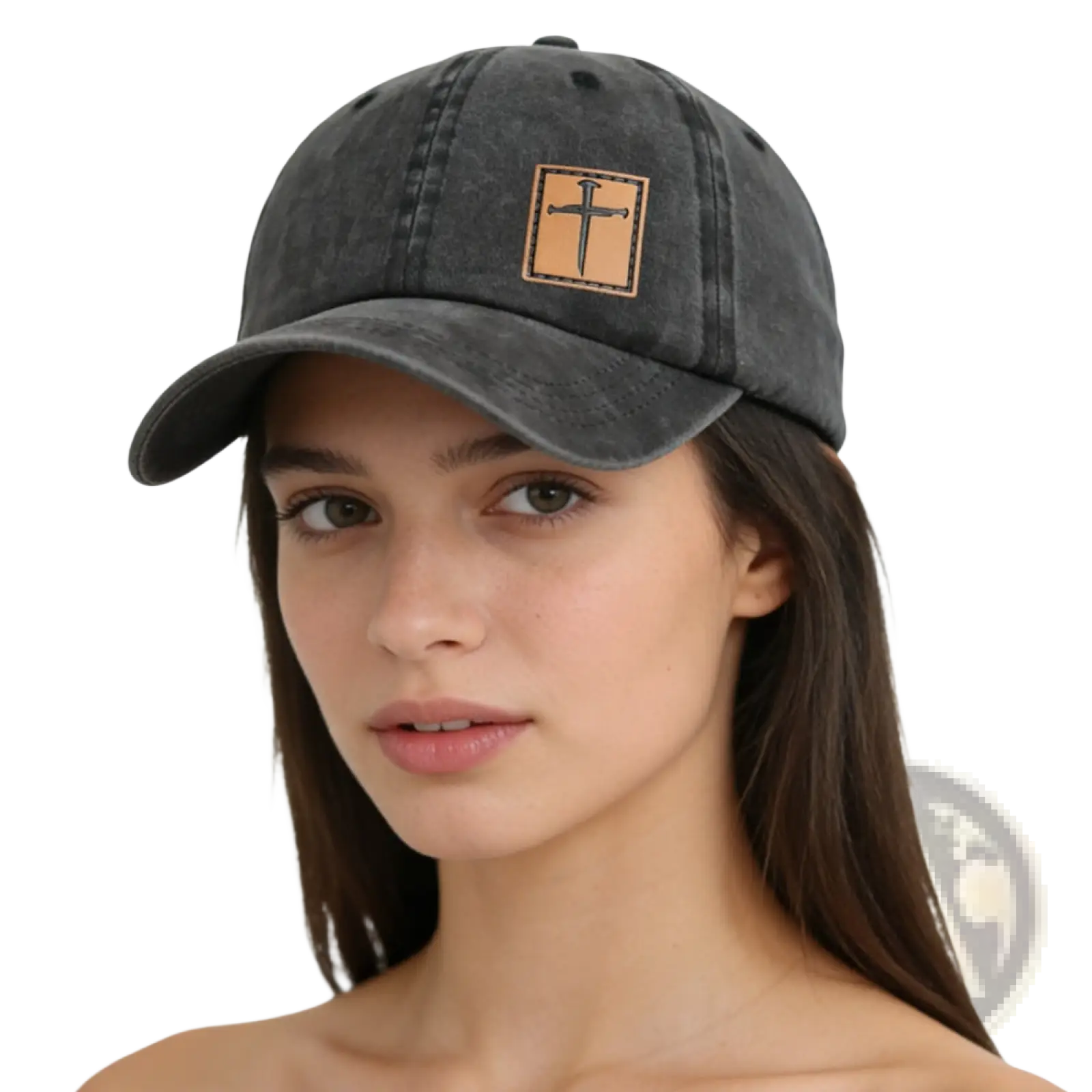 Dark gray distressed baseball hat with tan leather patch featuring a black Christian cross design