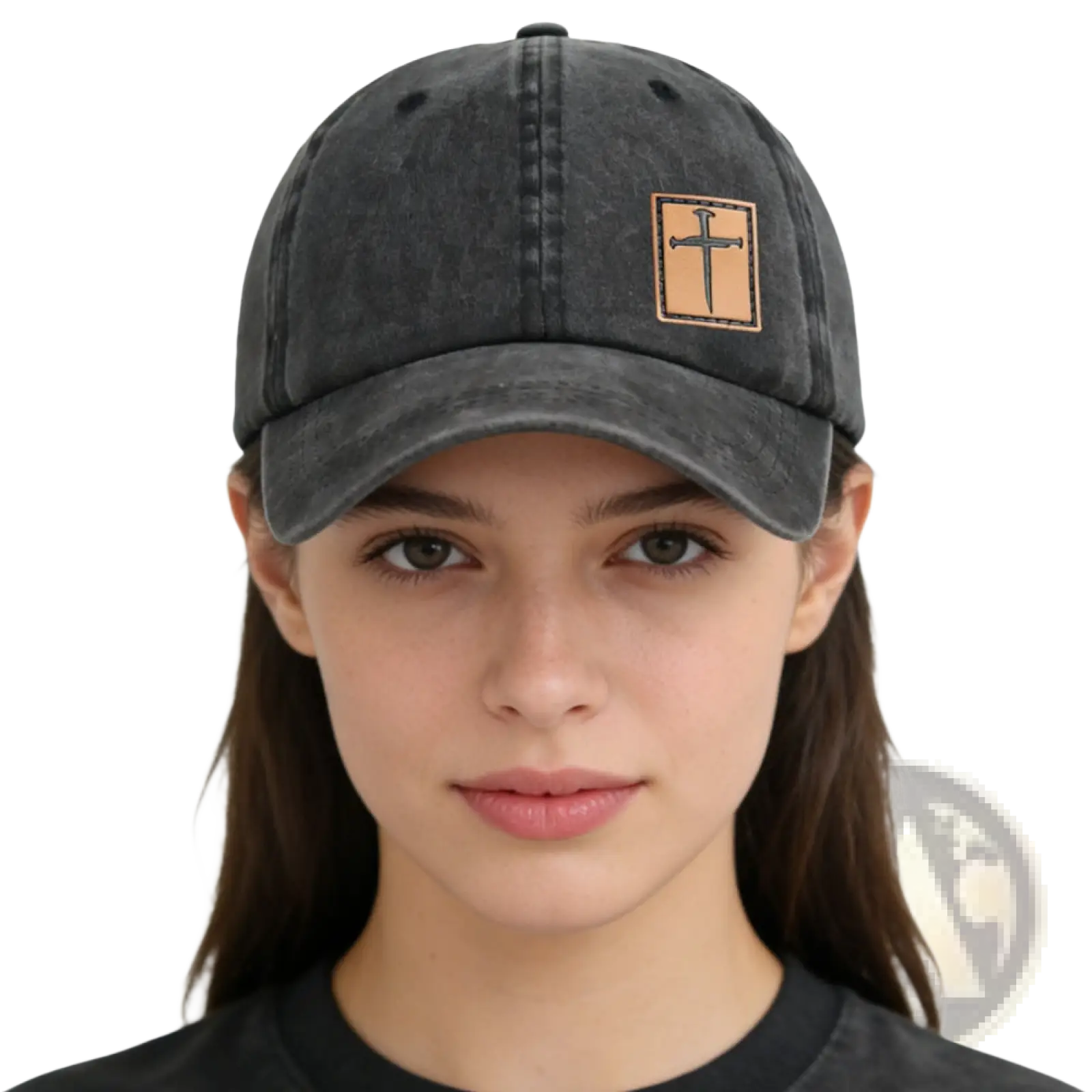 Dark gray distressed baseball cap with tan leather patch featuring a black christian cross emblem